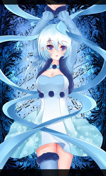 Anime picture 900x1500 with original pixiv fantasia pixiv fantasia fallen kings dusk/dawn single long hair tall image looking at viewer blue eyes white hair pointy ears girl dress ribbon (ribbons)