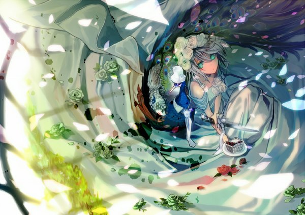 Anime picture 1145x809 with original ukai saki single looking at viewer short hair bare shoulders aqua eyes grey hair girl dress flower (flowers) sweets knife cake wedding dress peacock