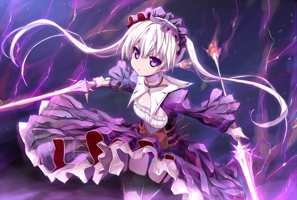 Anime picture 1407x951 with original akata itsuki long hair purple eyes twintails white hair magic lightning girl thighhighs dress weapon headdress