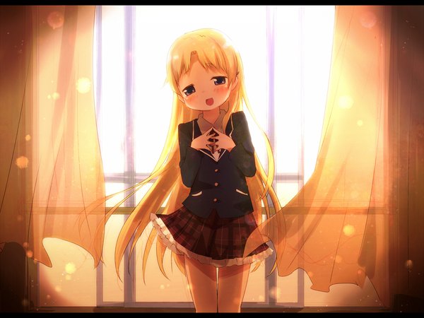 Anime picture 2000x1500 with chuunibyou demo koi ga shitai! kyoto animation dekomori sanae ayakashi (monkeypanch) single long hair looking at viewer blush highres open mouth blue eyes smile standing lens flare hand on chest plaid skirt happy letterboxed frilly skirt hands clasped