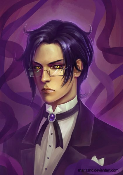 Anime picture 701x1000 with kuroshitsuji a-1 pictures claude faustus marizano (artist) single tall image looking at viewer short hair simple background yellow eyes purple hair butler boy ribbon (ribbons) shirt glasses white shirt blazer brooch handkerchief