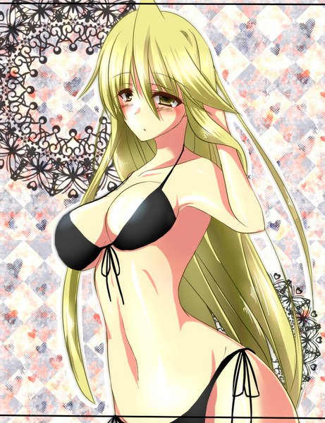 Anime picture 1030x1339 with highschool of the dead madhouse marikawa shizuka amane ruri single long hair tall image looking at viewer blush fringe breasts light erotic blonde hair hair between eyes large breasts bare shoulders yellow eyes bare belly embarrassed adjusting hair