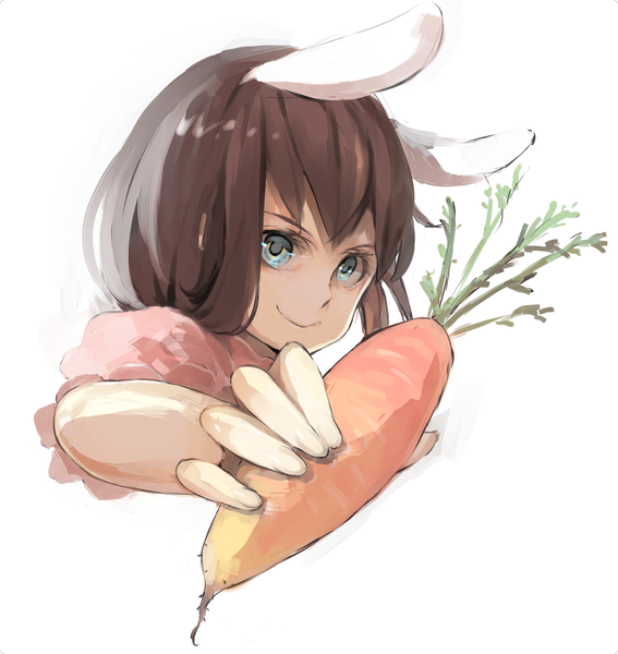 Anime picture 3086x3262 with touhou inaba tewi rosele single tall image looking at viewer highres short hair blue eyes simple background smile brown hair white background animal ears absurdres bunny ears girl vegetables carrot