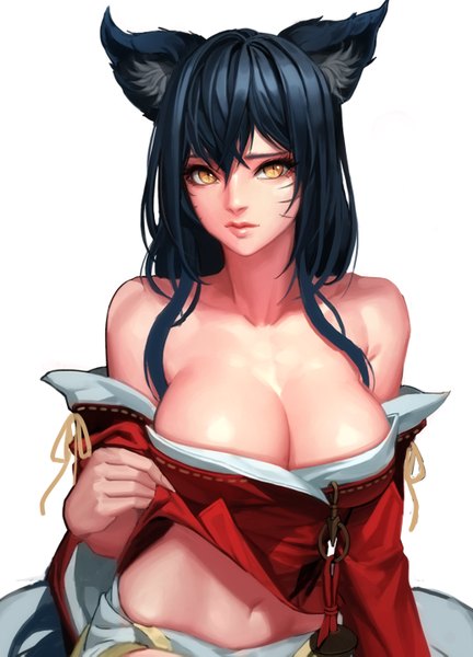 Anime picture 1034x1435 with league of legends ahri (league of legends) ake (cherrylich) single long hair tall image looking at viewer fringe breasts light erotic simple background hair between eyes large breasts white background sitting bare shoulders animal ears yellow eyes blue hair traditional clothes