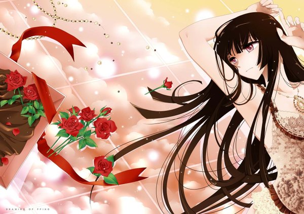 Anime picture 1433x1012 with touhou houraisan kaguya black hair red eyes girl flower (flowers)