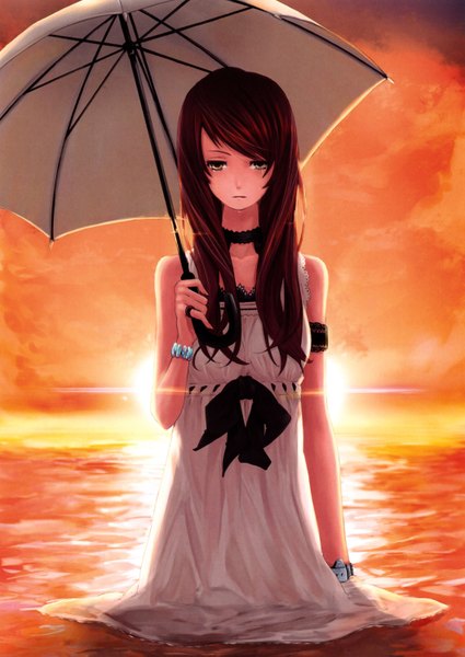 Anime picture 2119x2991 with original pixiv girls collection 2011 mille (dieci) single long hair tall image highres brown hair bare shoulders brown eyes sky cloud (clouds) sunlight tears evening looking down sunset sad girl dress