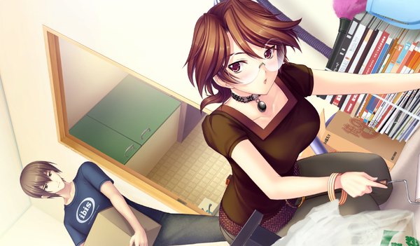 Anime picture 1024x600 with kimi ga ita kisetsu short hair brown hair wide image brown eyes game cg girl boy glasses