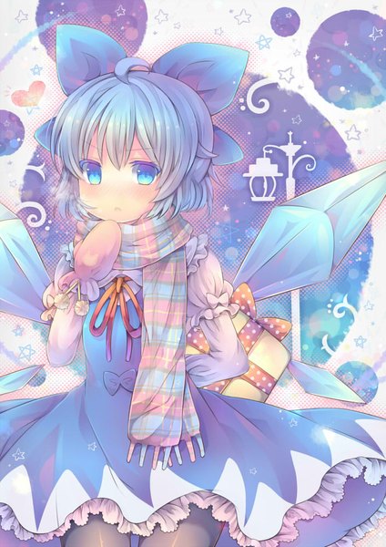 Anime picture 706x1000 with touhou cirno pjrmhm coa single tall image looking at viewer blush short hair blue eyes blue hair ahoge girl dress bow hair bow pantyhose wings scarf lantern lamppost