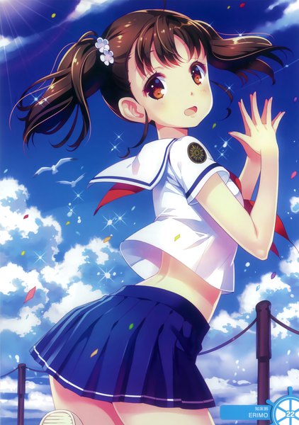 Anime picture 2698x3840 with high school fleet shiretoko rin nishimura eri single tall image looking at viewer blush highres short hair open mouth brown hair twintails brown eyes sky cloud (clouds) scan official art sparkle short twintails fingers together