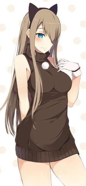 Anime picture 1000x2153 with tales of (series) tales of the abyss tear grants kurebayashi noe single long hair tall image blush fringe breasts blue eyes smile brown hair large breasts standing animal ears looking away hair over one eye sleeveless fake animal ears