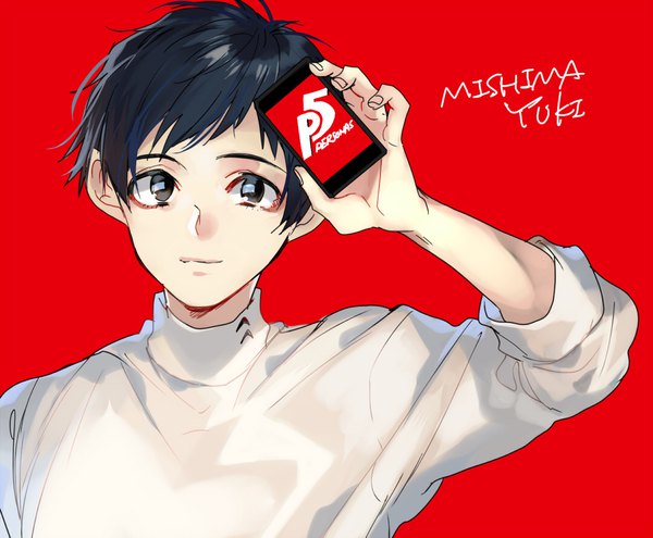 Anime picture 1075x888 with persona 5 persona mishima yuuki kyouichi single looking at viewer fringe short hair black hair simple background upper body arm up black eyes copyright name character names red background boy turtleneck