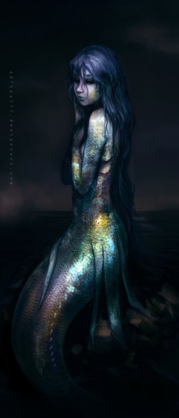 Anime picture 500x1164 with original aditya777 (artist) single long hair tall image sitting blue hair black eyes inscription dark background covering hand on face covering breasts girl water mermaid