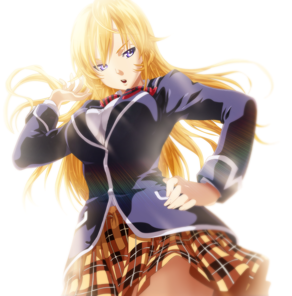 Anime picture 1214x1236 with shokugeki no soma j.c. staff nakiri erina afran67 single long hair tall image breasts open mouth simple background blonde hair large breasts white background purple eyes pleated skirt from below hand on hip coloring light girl