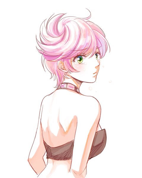 Anime picture 680x850 with jojo no kimyou na bouken trish una holiday-jin single tall image blush short hair simple background white background bare shoulders green eyes pink hair looking back tears girl