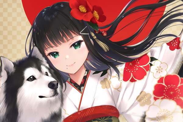 Anime picture 962x641 with love live! sunshine!! sunrise (studio) love live! kurosawa dia mignon single long hair looking at viewer blush fringe black hair smile green eyes payot blunt bangs long sleeves traditional clothes japanese clothes arm up hair flower