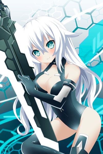 Anime picture 3675x5500 with choujigen game neptune black heart jbeenz single long hair tall image blush highres breasts light erotic smile bare shoulders absurdres white hair aqua eyes coloring girl gloves weapon elbow gloves