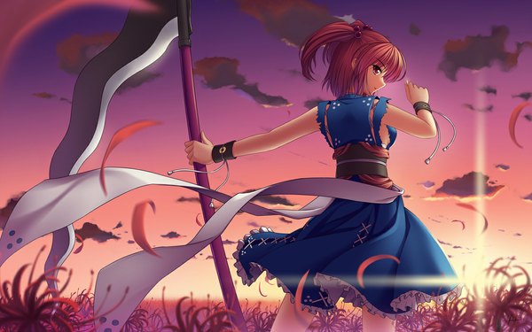 Anime picture 1120x700 with touhou onozuka komachi tagme (artist) single short hair red eyes wide image sky red hair two side up girl flower (flowers) belt scythe higanbana