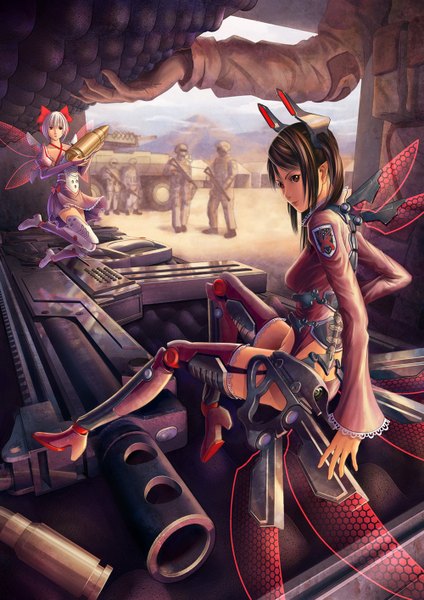Anime picture 1000x1414 with pinakes tall image short hair red eyes brown hair multiple girls white hair lips pointy ears mechanical wings girl 2 girls wings gun assault rifle cartridge