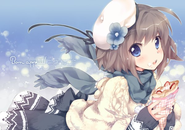 Anime picture 1085x767 with original ech single blush short hair open mouth blue eyes brown hair girl flower (flowers) food sweets scarf sweater beret crepe