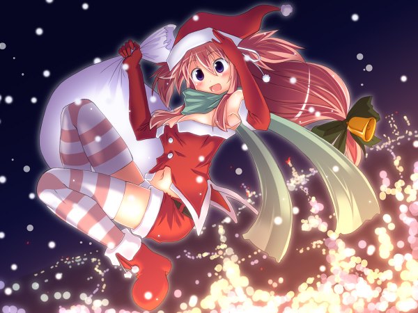 Anime picture 1200x900 with single long hair fringe open mouth hair between eyes bent knee (knees) red hair dutch angle fur trim snowing christmas winter city lights girl thighhighs gloves elbow gloves shorts fur bell