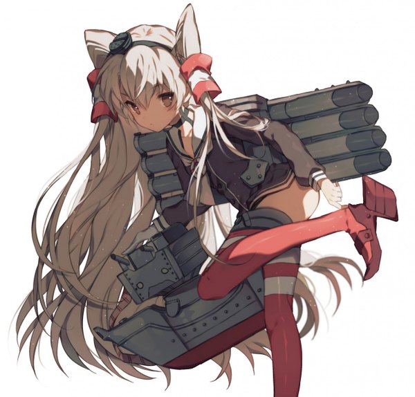 Anime picture 1280x1226 with kantai collection amatsukaze destroyer yasiromann single long hair simple background standing white background brown eyes looking back grey hair leaning two side up zettai ryouiki leaning forward standing on one leg mechanical dressing girl thighhighs