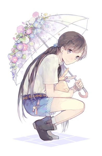 Anime picture 700x1070 with original seuga single long hair tall image looking at viewer simple background smile brown hair white background purple eyes squat transparent umbrella girl flower (flowers) animal socks shorts boots umbrella