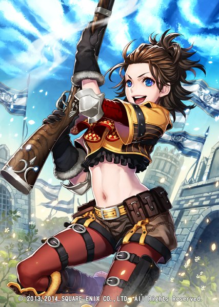 Anime picture 711x1000 with original miogrobin single tall image short hair open mouth blue eyes brown hair midriff girl gloves navel flower (flowers) weapon petals shorts gun