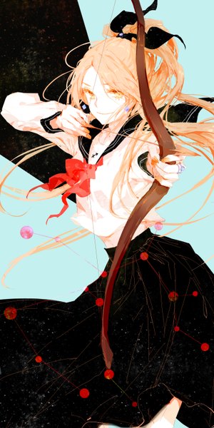 Anime picture 1500x3000 with original moss (2225028) single long hair tall image looking at viewer blonde hair smile holding ponytail long sleeves pleated skirt fingernails orange eyes constellation zodiac archery sagittarius (zodiac) girl skirt