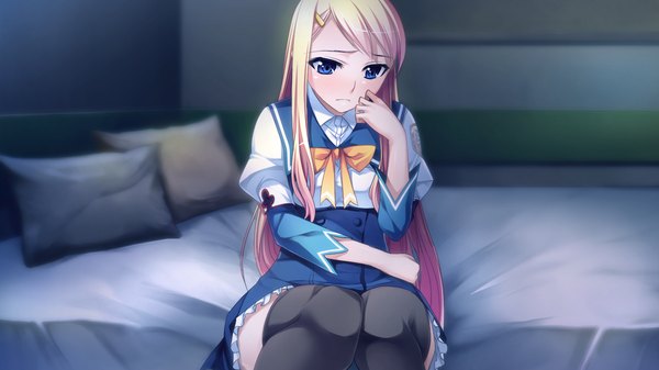 Anime picture 1280x720 with gensou douwa alicetale single long hair blush blue eyes blonde hair wide image sitting game cg frilly skirt hand on face knees touching girl thighhighs uniform black thighhighs school uniform frills bed