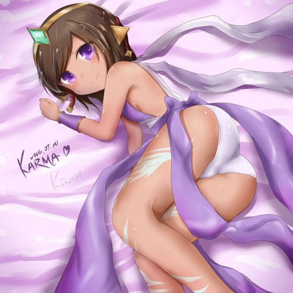 Anime picture 1000x1000 with league of legends karma (league of legends) kinom single looking at viewer short hair light erotic brown hair purple eyes ass lying light smile girl underwear panties white panties