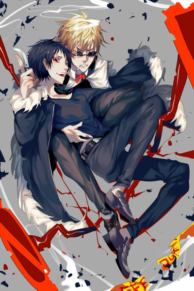 Anime picture 1000x1500 with durarara!! brains base (studio) orihara izaya heiwajima shizuo syeoseul tall image fringe short hair open mouth black hair blonde hair smile red eyes holding looking away open clothes open jacket multiple boys teeth mouth hold