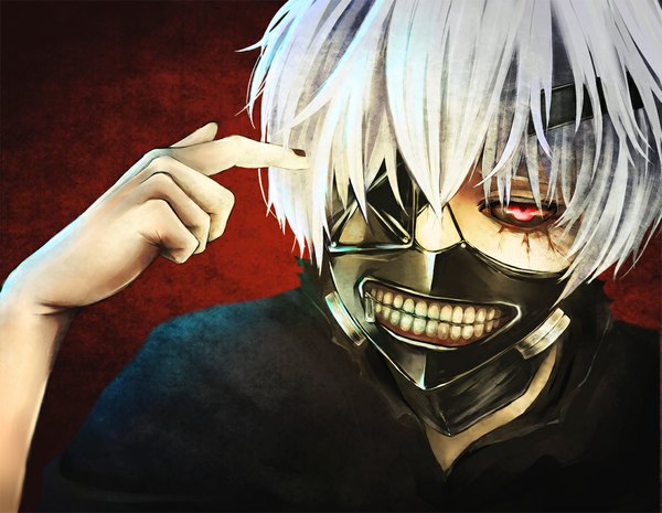 Anime picture 1124x872 with tokyo ghoul studio pierrot kaneki ken aalto single looking at viewer short hair red eyes silver hair nail polish looking down red background clenched teeth black sclera boy mask zipper