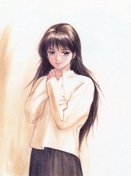 Anime picture 1600x2154 with takada akemi single long hair tall image fringe simple background smile brown hair grey eyes oldschool girl