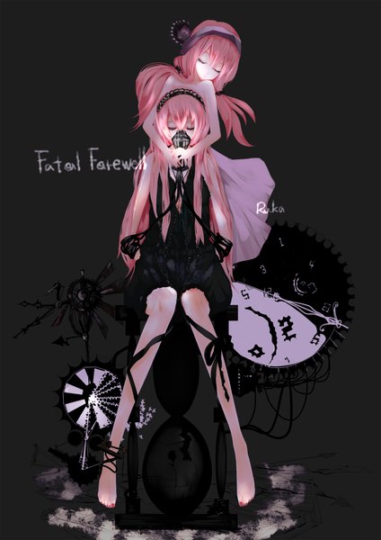 Anime picture 1500x2121 with vocaloid fatal farewell (vocaloid) megurine luka uni (nacchan) long hair tall image bare shoulders pink hair eyes closed nail polish barefoot dual persona girl dress hairband mask sundress child (children) gears
