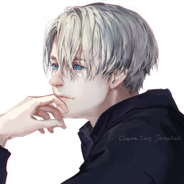 Anime picture 800x800 with yuri!!! on ice mappa viktor nikiforov claparo-sans single fringe short hair blue eyes simple background white background looking away lips grey hair realistic boy ring