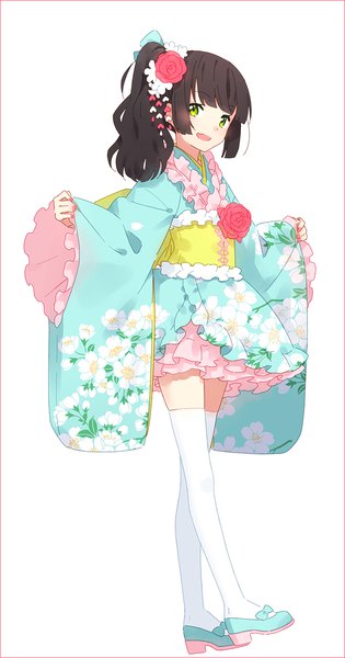 Anime picture 570x1084 with original hakusai (tiahszld) single long hair tall image looking at viewer blush fringe open mouth black hair simple background smile white background green eyes payot full body traditional clothes japanese clothes wide sleeves floral print