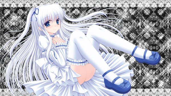 Anime picture 1920x1080 with original shimotsuki keisuke single long hair looking at viewer highres blue eyes light erotic smile wide image white hair two side up lolita fashion goth-loli girl thighhighs dress white thighhighs shoes frills
