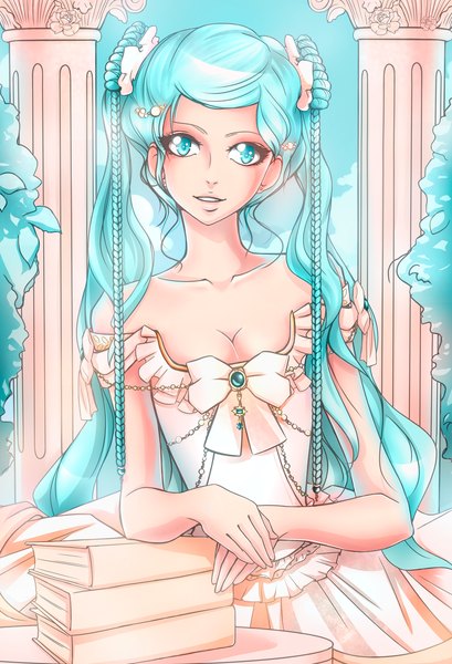 Anime picture 900x1320 with vocaloid hatsune miku kristallin-f (artist) single long hair tall image looking at viewer smile twintails bare shoulders sky braid (braids) aqua eyes light smile aqua hair twin braids girl dress hair ornament plant (plants)