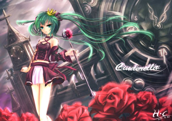 Anime picture 1684x1191 with vocaloid hatsune miku wangchuan de quanyan single long hair twintails green eyes signed green hair inscription girl skirt flower (flowers) detached sleeves miniskirt staff crown microphone stand