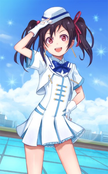 Anime picture 750x1206 with love live! school idol project sunrise (studio) love live! yazawa nico purea single long hair tall image looking at viewer blush open mouth black hair red eyes twintails sky cloud (clouds) :d hand on hip hand on head girl