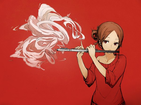 Anime picture 1100x822 with original francisco valle single looking at viewer short hair simple background red eyes brown hair smoke red background girl sweater musical instrument flute