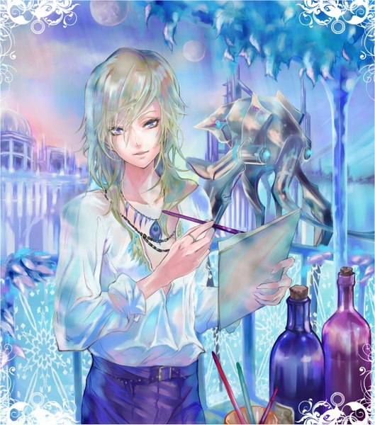 Anime picture 1200x1361 with ic-kaname single long hair tall image open mouth blue eyes blonde hair open collar drawing boy belt pendant building (buildings) ring bottle paper robot paintbrush art brush balcony