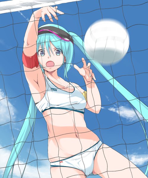 Anime picture 1000x1200 with vocaloid hatsune miku nanaku teiru single long hair tall image breasts open mouth light erotic twintails sky cloud (clouds) aqua eyes aqua hair arms up volleyball girl navel swimsuit bikini