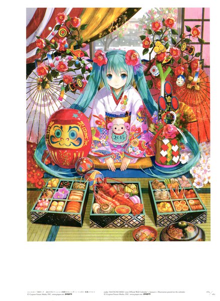 Anime picture 3417x4672 with vocaloid hatsune miku fuzichoco single long hair tall image looking at viewer fringe highres blue eyes smile hair between eyes sitting twintails absurdres indoors traditional clothes japanese clothes hair flower scan