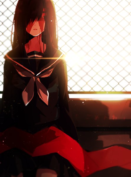 Anime picture 1111x1500 with kagerou project shaft (studio) tateyama ayano mikanururu single long hair tall image blush open mouth black hair sunlight hair over eyes girl skirt uniform shirt serafuku scarf blood