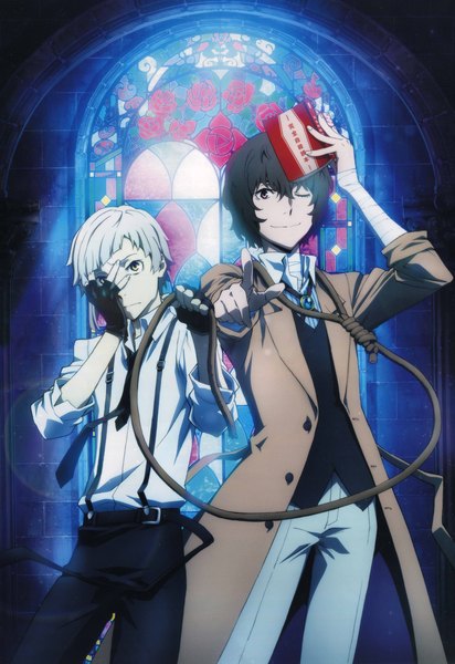 Anime picture 8169x11887 with bungou stray dogs studio bones dazai osamu (bungou stray dogs) nakajima atsushi tall image looking at viewer fringe highres short hair smile hair between eyes brown hair standing brown eyes absurdres white hair one eye closed scan official art multiple boys