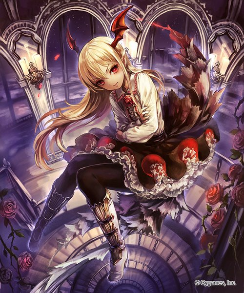 Anime picture 667x800 with shingeki no bahamut ma yo ko single long hair tall image looking at viewer fringe blonde hair red eyes indoors lips pointy ears eyebrows head wings frilly skirt weightlessness girl skirt flower (flowers) plant (plants)