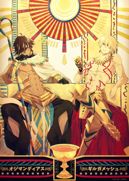 Anime picture 900x1260 with fate (series) fate/grand order fate/zero fate/prototype gilgamesh (fate) ozymandias (fate) rider (fate/prototype fragments) ankai (rappelzankai) tall image fringe short hair blonde hair red eyes brown hair sitting signed yellow eyes ahoge parted lips hair over one eye
