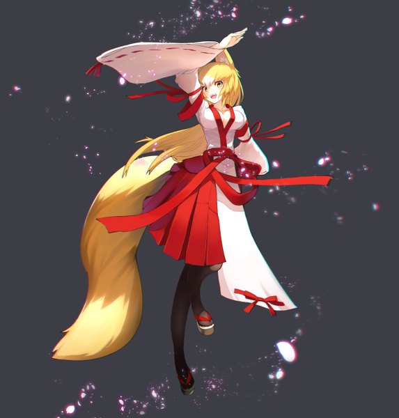 Anime picture 1237x1296 with fuurai no shiren sendai hakurei no miko terada yuki single long hair tall image breasts simple background blonde hair large breasts standing animal ears yellow eyes full body tail traditional clothes japanese clothes animal tail grey background fox ears