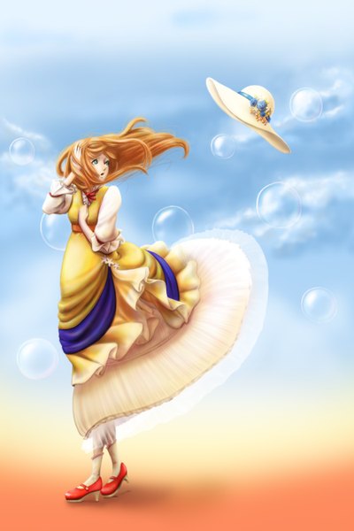 Anime picture 2000x3000 with original kiipi (artist) long hair tall image highres open mouth green eyes looking away sky cloud (clouds) wind orange hair girl dress hat bubble (bubbles)